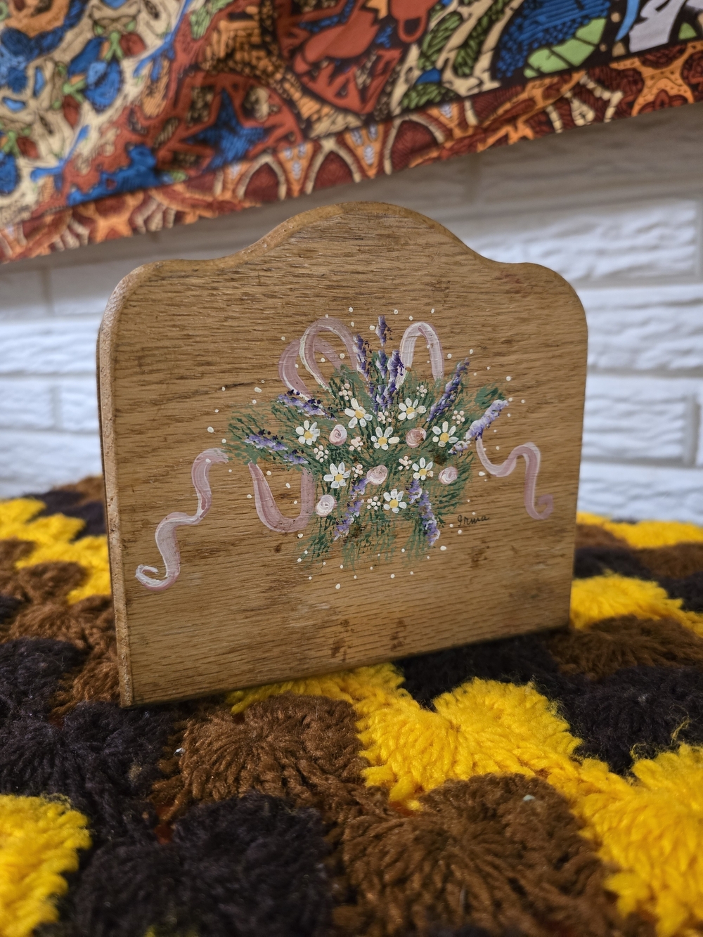 Hand-Painted Wooden Napkin Holder with Pink Ribbon and Floral Bouquet